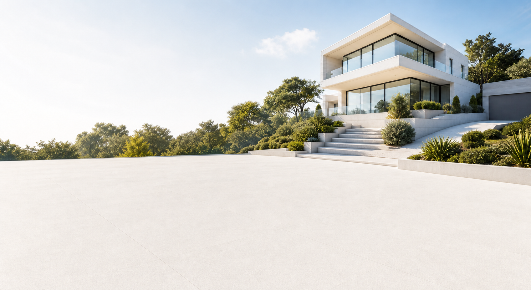 Modern white villa with landscaped gardens