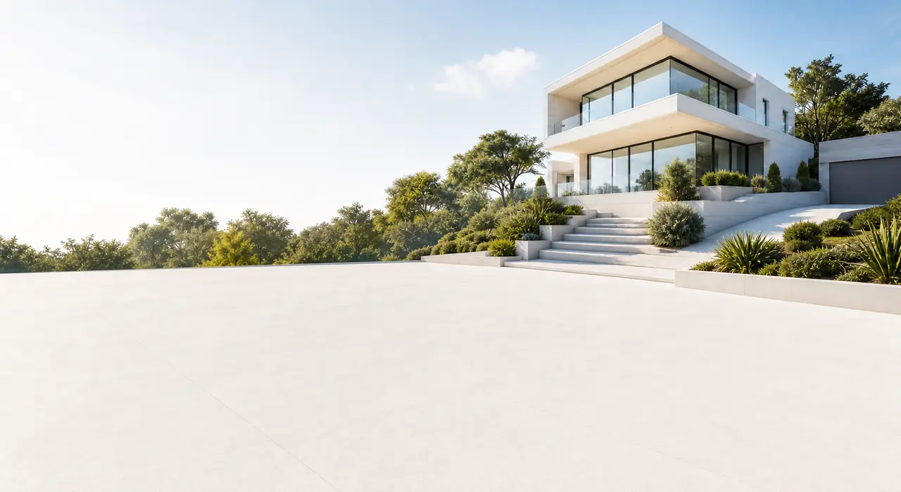 Modern white villa with landscaped gardens